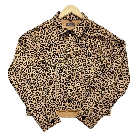 DL1961 Clyde Cropped Leopard Raw Hem Denim Trucker Jacket - Picture 1 of 4